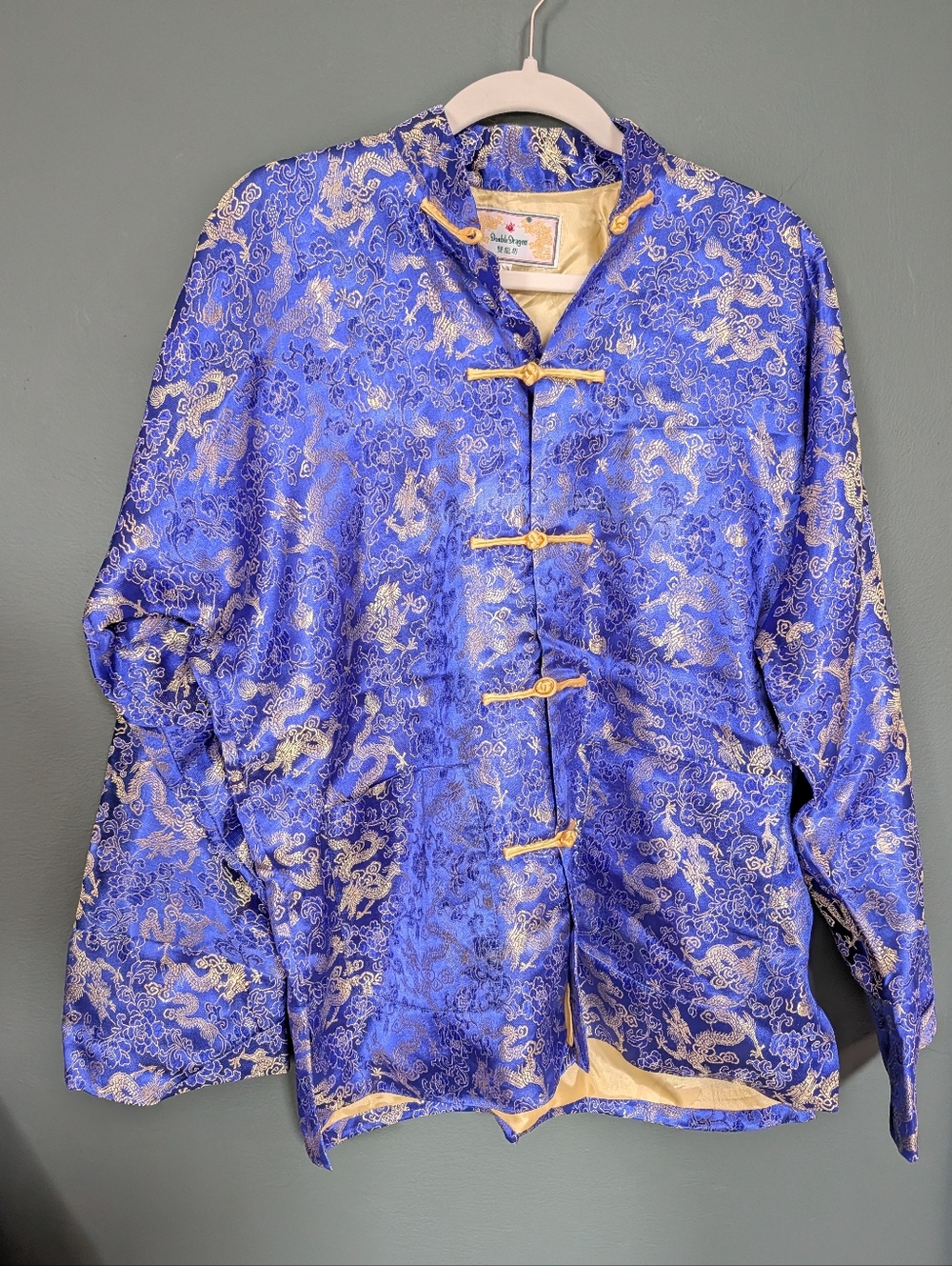 Double Dragon Men's Silk-Blend Blue Brocade Dragon Jacket with Gold Trim NWT